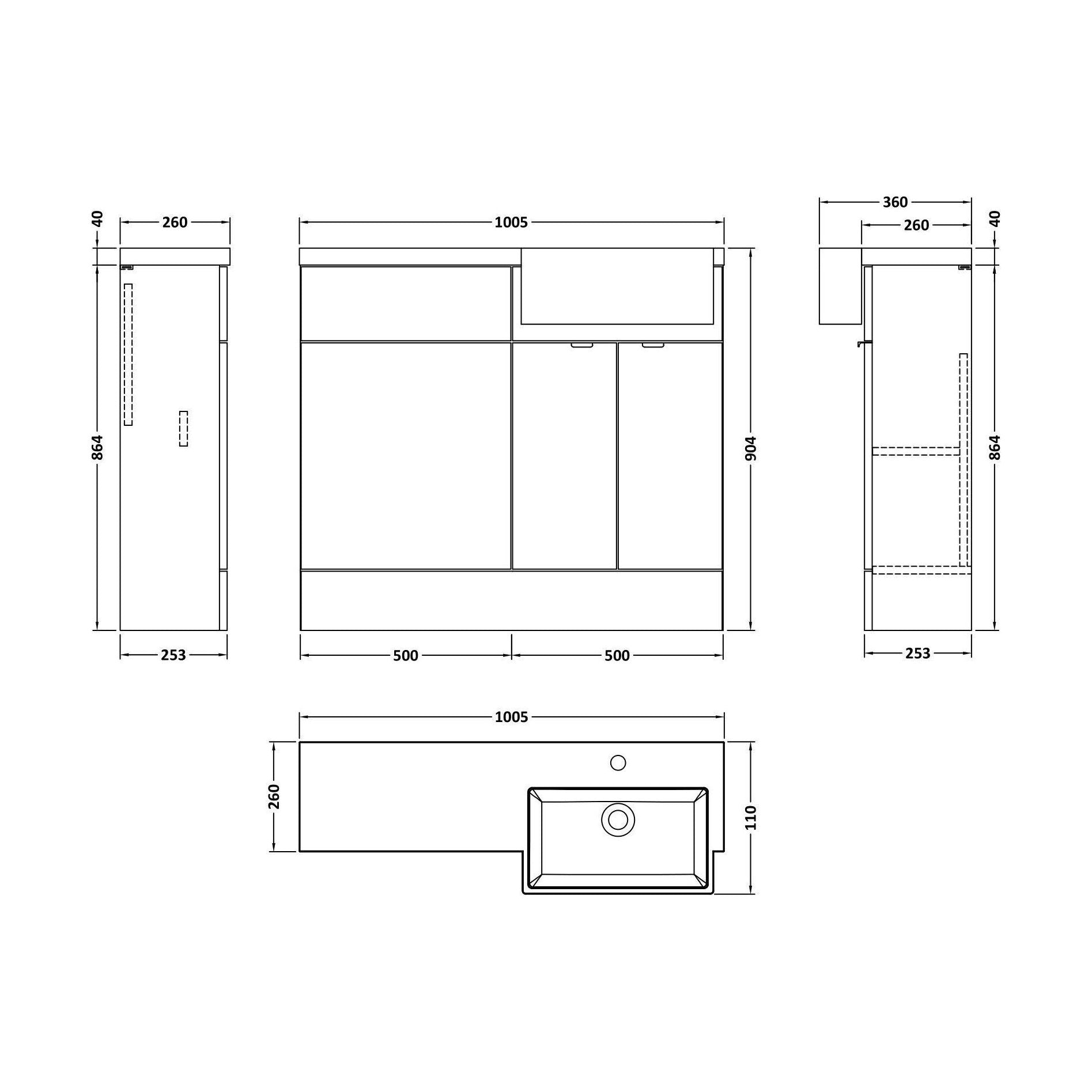 [BFDY3049] Alrewas Contemporary 2 Door Right-Hand Floor Standing Combination Unit with Basin, Bleached Oak, 1000mm - Technical Drawing