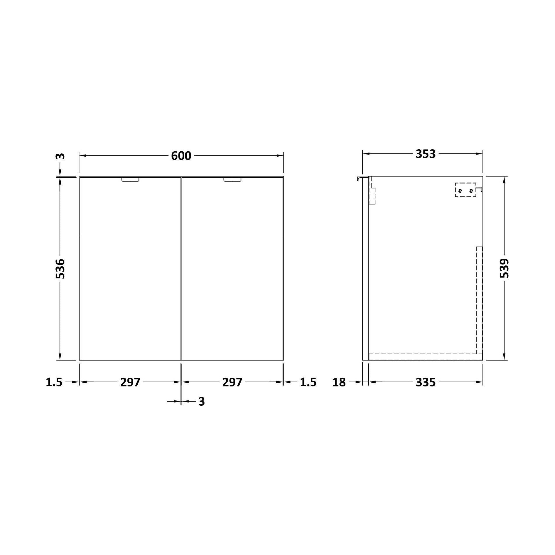 [BFDY3066] 600 Wall Hung 2-Door Unit - Technical Drawing