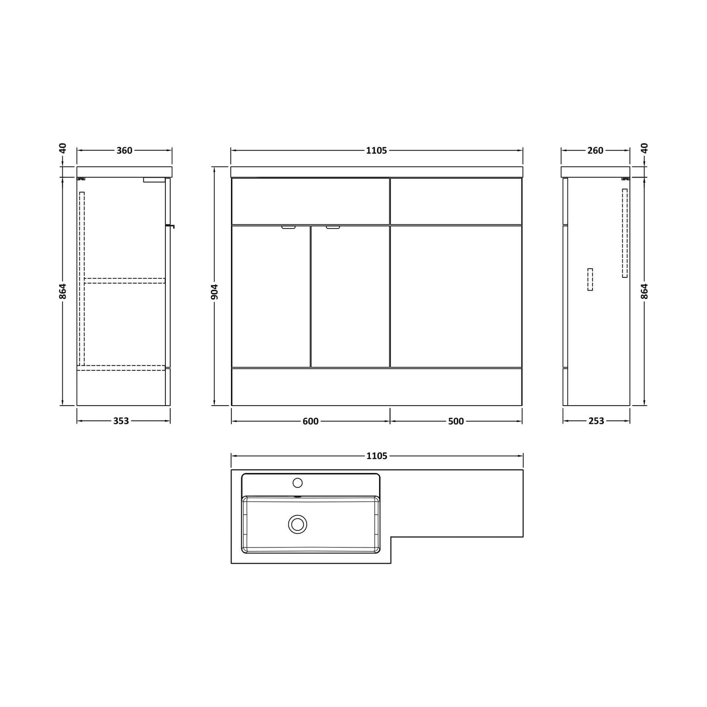 [BFDY3202] Alrewas Contemporary 2 Door Left-Hand Floor Standing Combination Unit with Basin, Pebble Grey, 1100mm - Technical Drawing