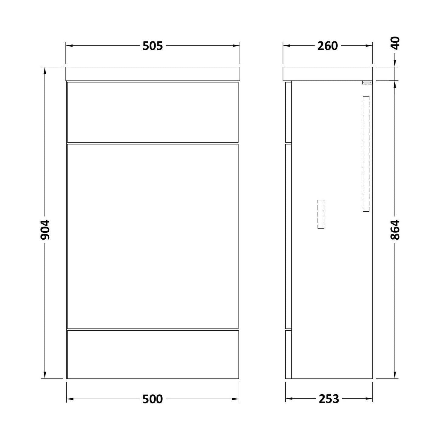 [BFDY3204] Alrewas Contemporary Floor Standing Compact WC Unit, Pebble Grey, 500mm - Technical Drawing