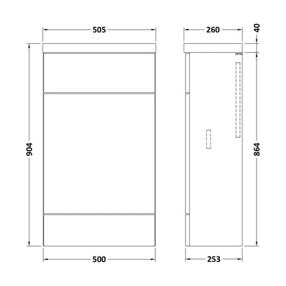 [BFDY3204] Alrewas Contemporary Floor Standing Compact WC Unit, Pebble Grey, 500mm - Technical Drawing