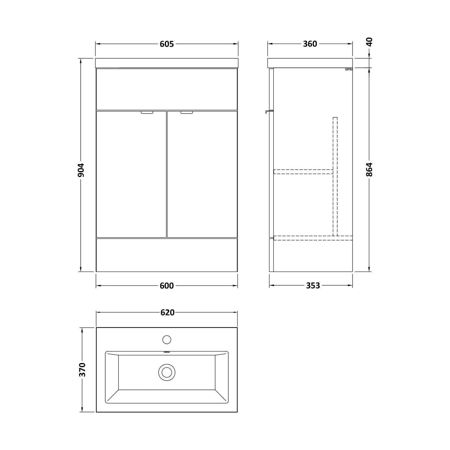 [BFDY3207A] Alrewas Contemporary 2 Door Floor Standing Vanity Unit with Basin, Pebble Grey, 600mm - Technical Drawing
