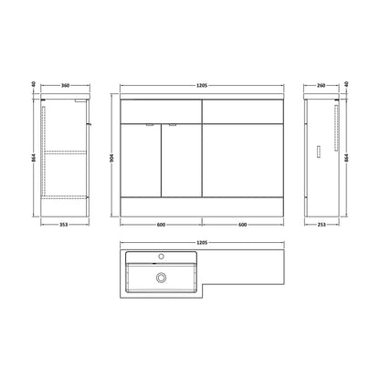 [BFDY3209] Alrewas Contemporary 2 Door Left-Hand Floor Standing Combination Unit with Basin, Pebble Grey, 1200mm - Technical Drawing