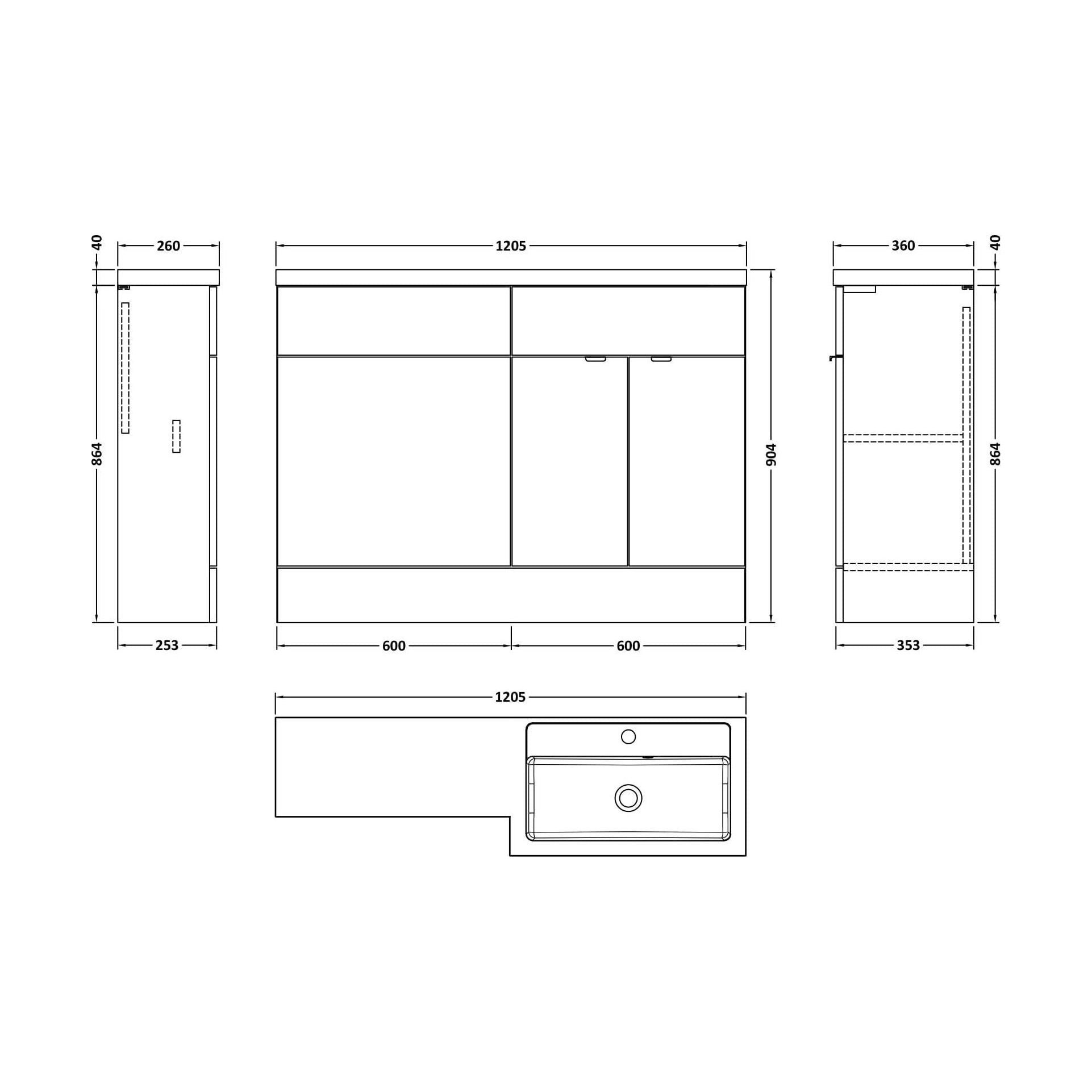 [BFDY3210] Alrewas Contemporary 2 Door Right-Hand Floor Standing Combination Unit with Basin, Pebble Grey, 1200mm - Technical Drawing
