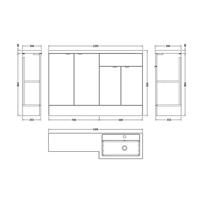 [BFDY3212] Alrewas Contemporary 2 Door Right-Hand Floor Standing Combination Unit with Basin, Pebble Grey, 1200mm - Technical Drawing