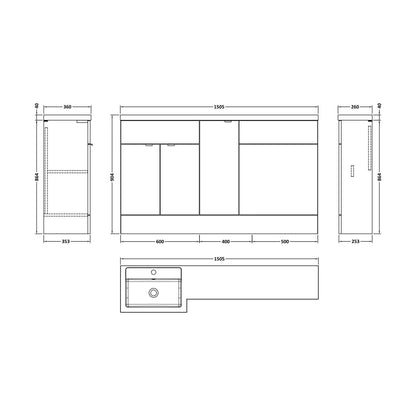 [BFDY3213] Alrewas Contemporary 2 Door Left-Hand Floor Standing Combination Unit with Basin, Pebble Grey, 1500mm - Technical Drawing