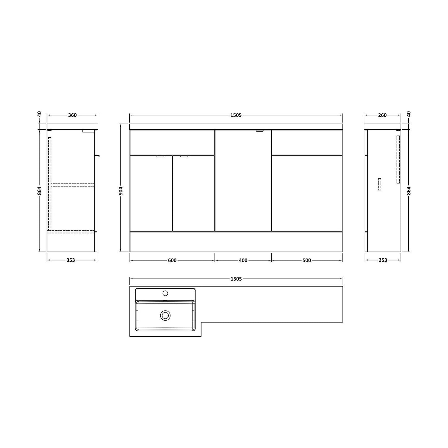 [BFDY3215] Alrewas Contemporary 2 Door Left-Hand Floor Standing Combination Unit with Basin, Pebble Grey, 1500mm - Technical Drawing
