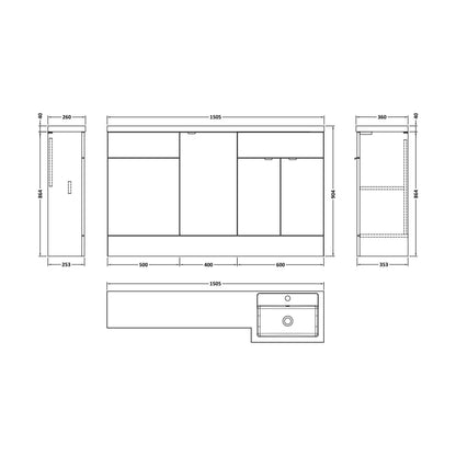 [BFDY3216] Alrewas Contemporary 2 Door Right-Hand Floor Standing Combination Unit with Basin, Pebble Grey, 1500mm - Technical Drawing
