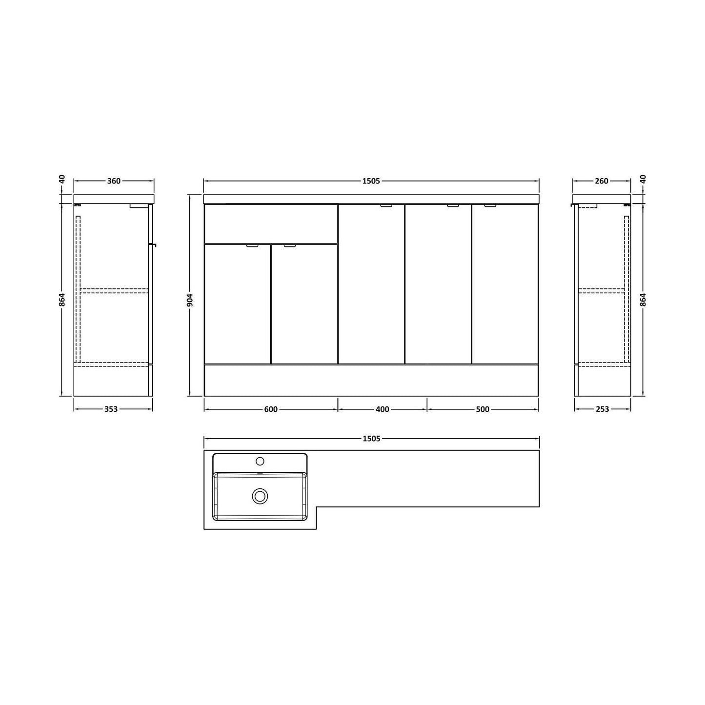 [BFDY3217] Alrewas Contemporary 2 Door Left-Hand Floor Standing Combination Unit with Basin, Pebble Grey, 1500mm - Technical Drawing