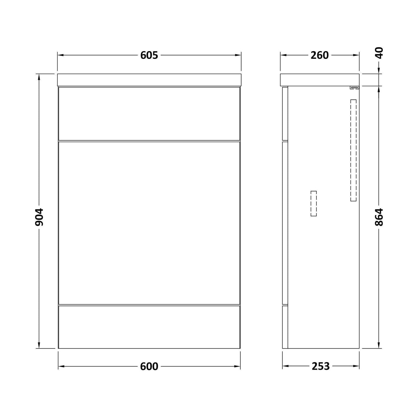 [BFDY3219] Alrewas Contemporary Floor Standing Compact WC Unit with Worktop, Pebble Grey, 600mm - Technical Drawing