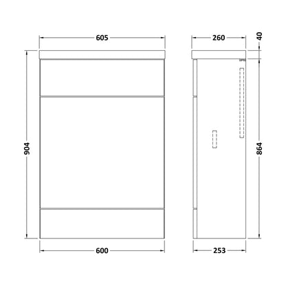 [BFDY3219] Alrewas Contemporary Floor Standing Compact WC Unit with Worktop, Pebble Grey, 600mm - Technical Drawing
