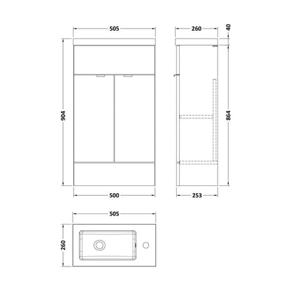 [BFDY3222] Alrewas Contemporary 2 Door Floor Standing Compact Vanity Unit with Basin, Pebble Grey, 500mm - Technical Drawing