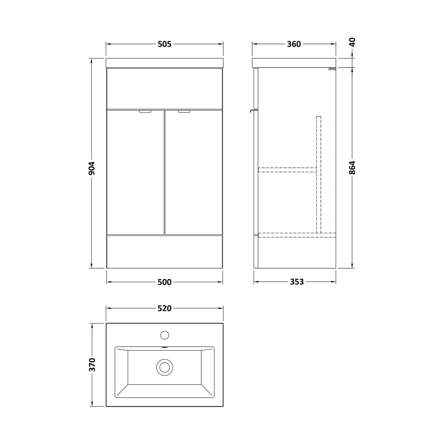 [BFDY3224A] Alrewas Contemporary 2 Door Floor Standing Vanity Unit with Basin, Pebble Grey, 500mm - Technical Drawing