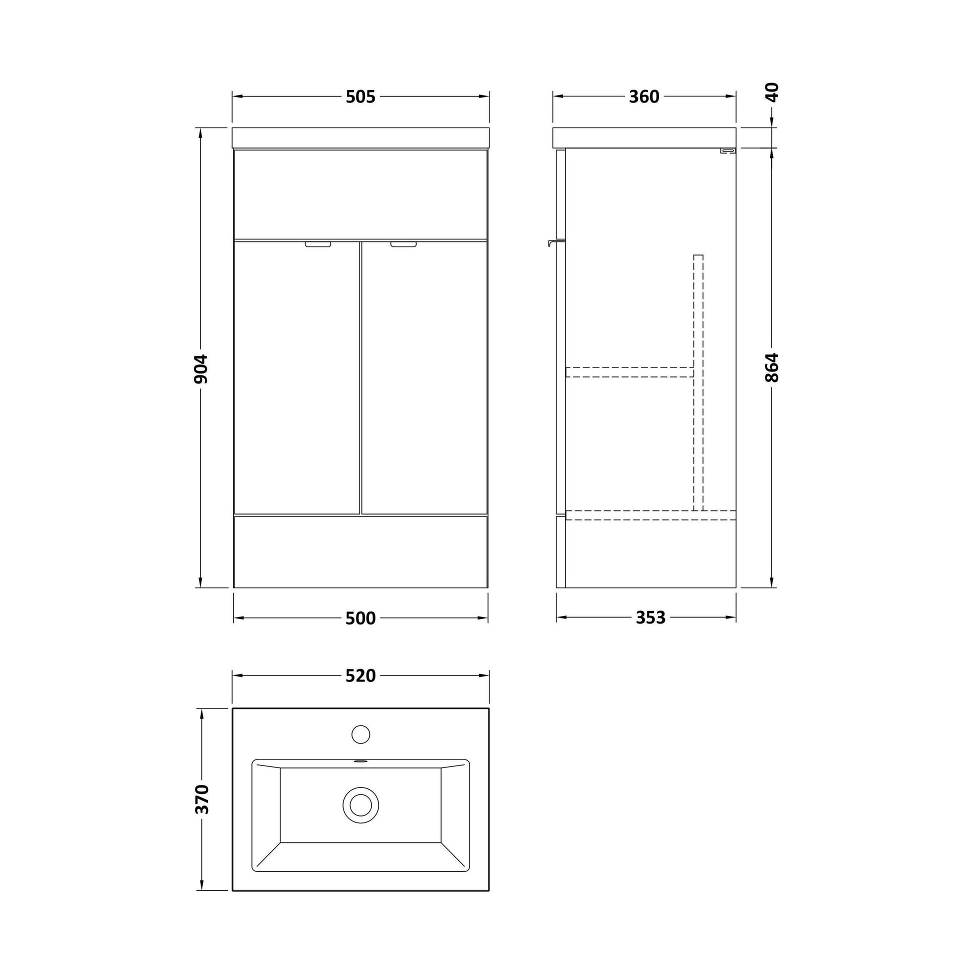 [BFDY3224A] Alrewas Contemporary 2 Door Floor Standing Vanity Unit with Basin, Pebble Grey, 500mm - Technical Drawing