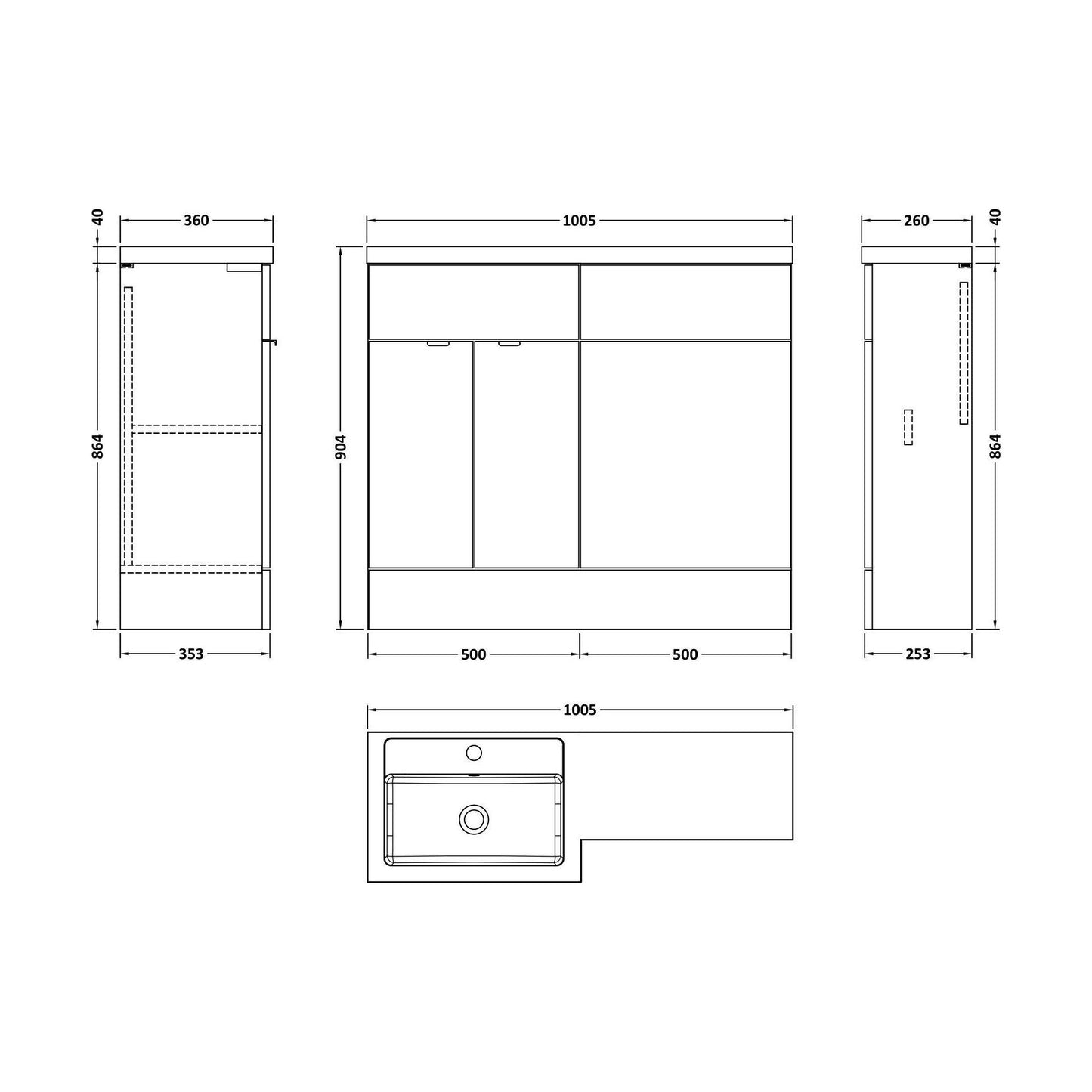 [BFDY3226] Alrewas Contemporary 2 Door Left-Hand Floor Standing Combination Unit with Basin, Pebble Grey, 1000mm - Technical Drawing
