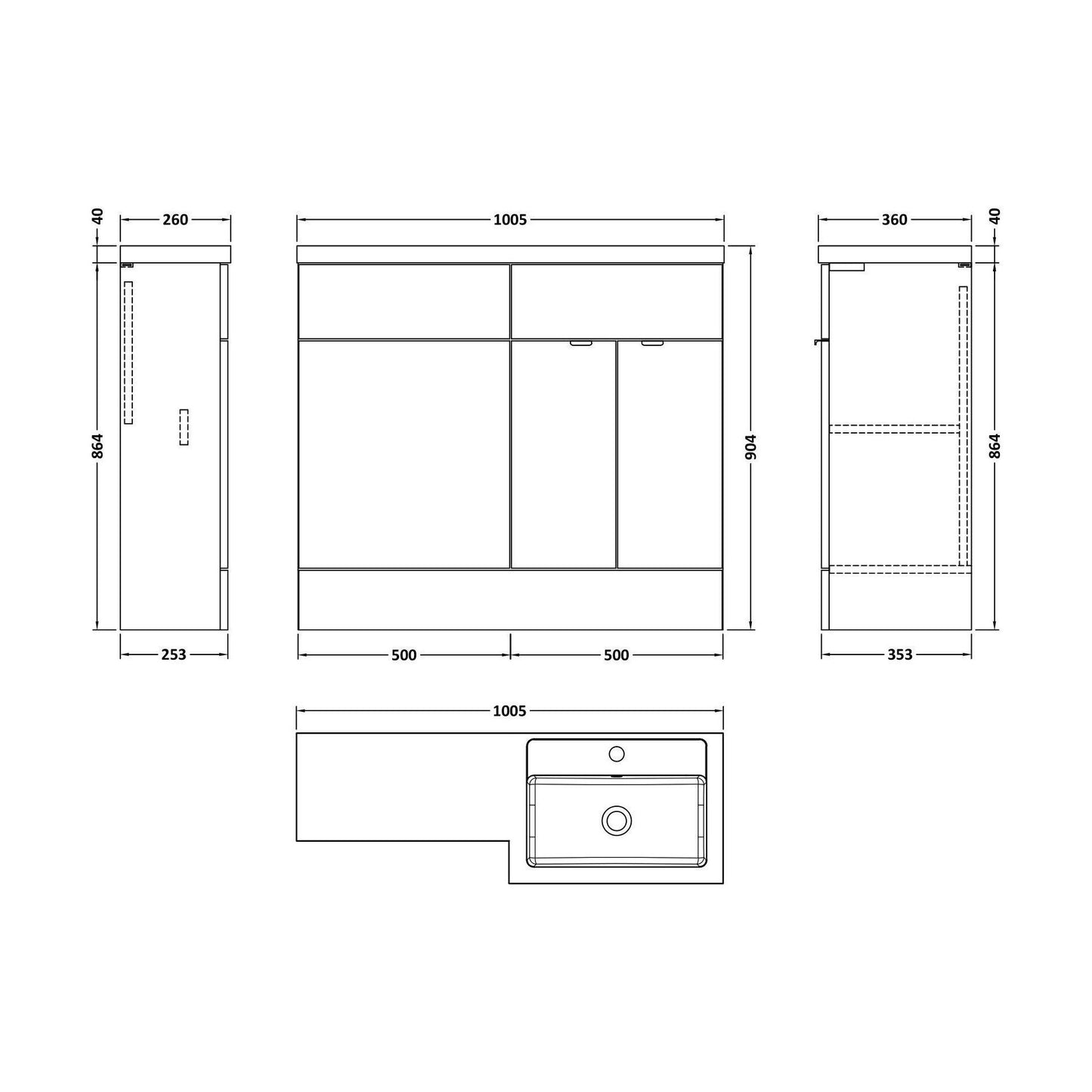 [BFDY3227] Alrewas Contemporary 2 Door Right-Hand Floor Standing Combination Unit with Basin, Pebble Grey, 1000mm - Technical Drawing