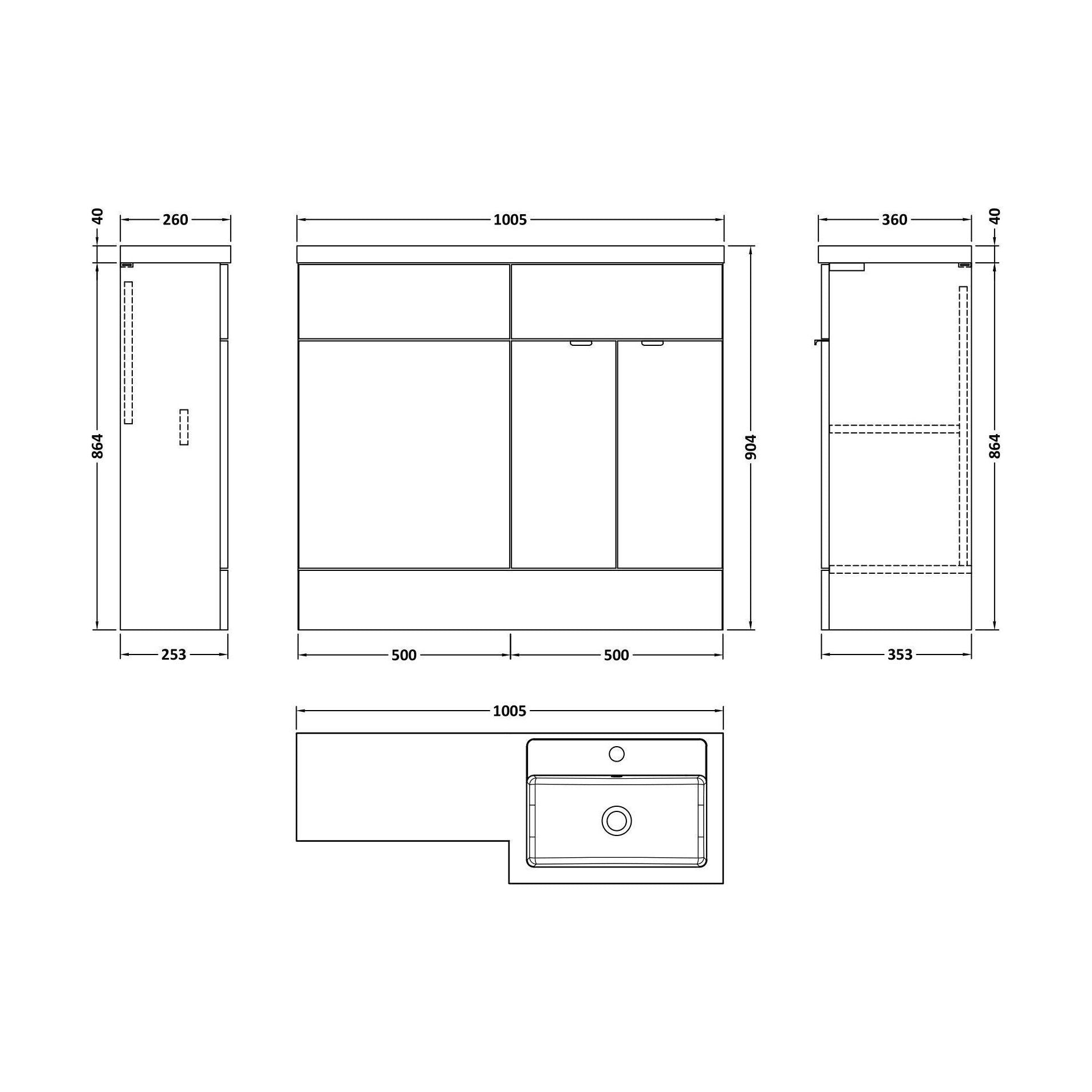 [BFDY3227] Alrewas Contemporary 2 Door Right-Hand Floor Standing Combination Unit with Basin, Pebble Grey, 1000mm - Technical Drawing
