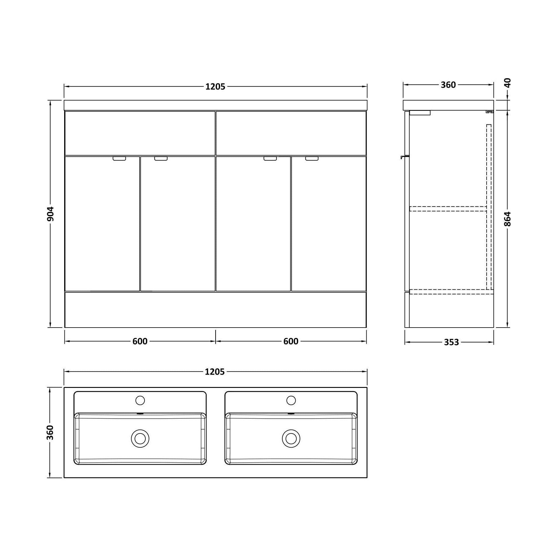 [BFDY3234] Alrewas Contemporary 4 Door Floor Standing Vanity Unit with Basin, Pebble Grey, 1200mm - Technical Drawing