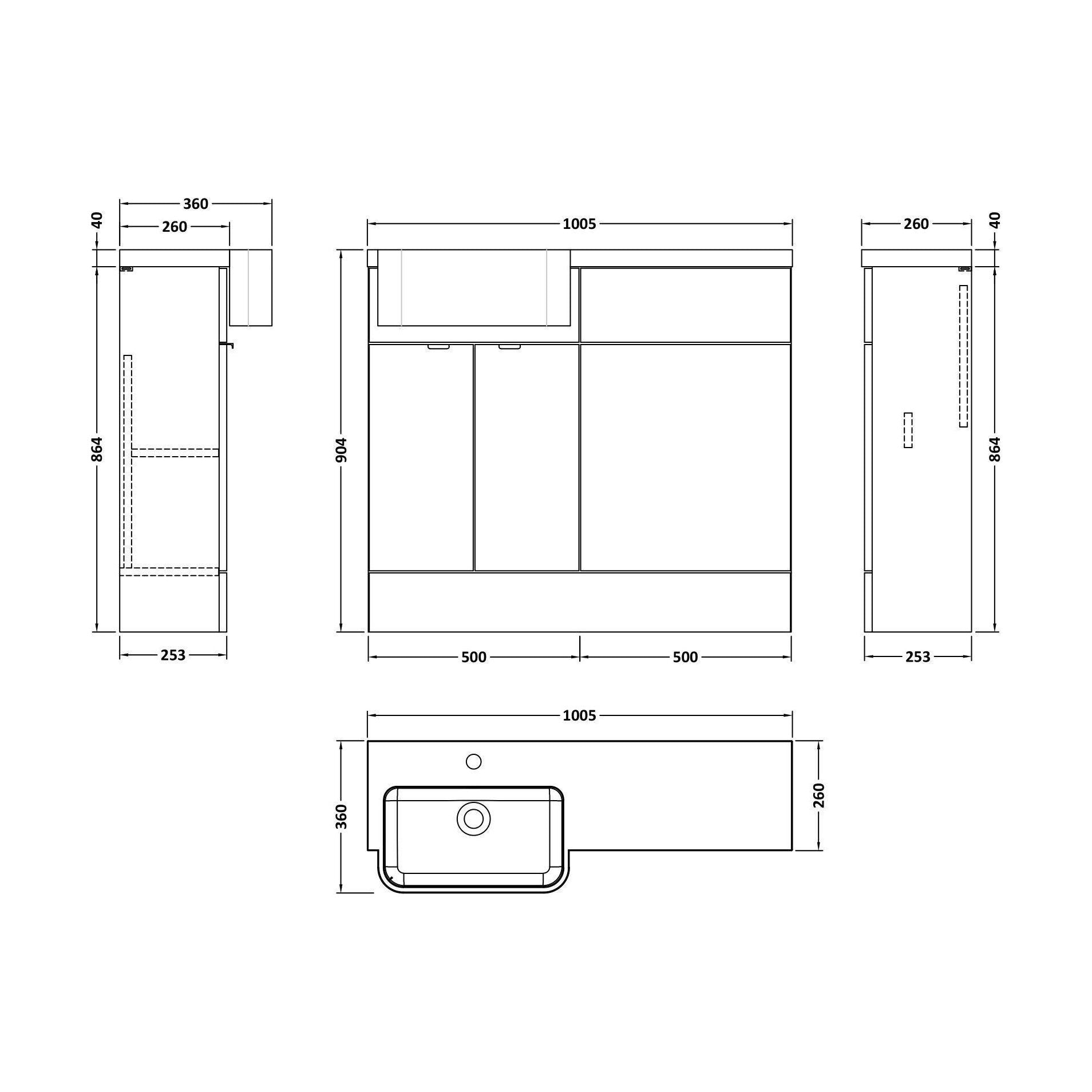 [BFDY3244] Alrewas Contemporary 2 Door Left-Hand Floor Standing Combination Unit with Basin, Pebble Grey, 1000mm - Technical Drawing