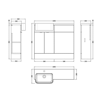 [BFDY3244] Alrewas Contemporary 2 Door Left-Hand Floor Standing Combination Unit with Basin, Pebble Grey, 1000mm - Technical Drawing