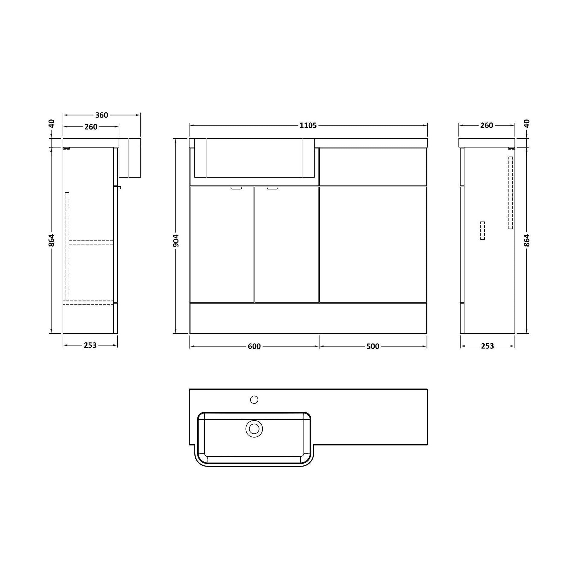 [BFDY3246] Alrewas Contemporary 2 Door Left-Hand Floor Standing Combination Unit with Basin, Pebble Grey, 1100mm - Technical Drawing