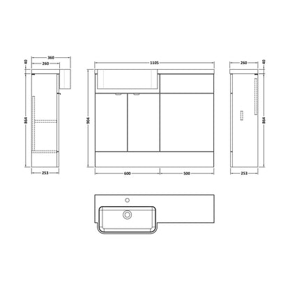 [BFDY3246] Alrewas Contemporary 2 Door Left-Hand Floor Standing Combination Unit with Basin, Pebble Grey, 1100mm - Technical Drawing