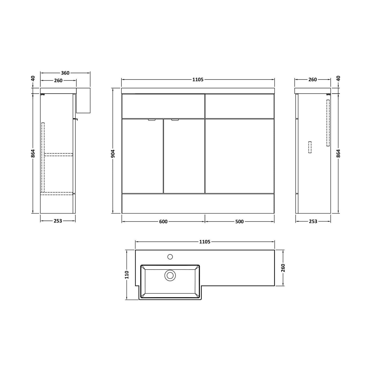 [BFDY3250] Alrewas Contemporary 2 Door Left-Hand Floor Standing Combination Unit with Basin, Pebble Grey, 1100mm - Technical Drawing