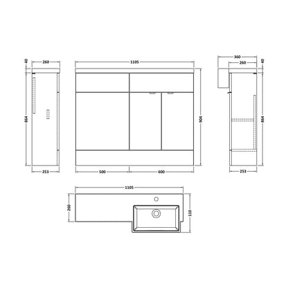[BFDY3251] Alrewas Contemporary 2 Door Right-Hand Floor Standing Combination Unit with Basin, Pebble Grey, 1100mm - Technical Drawing