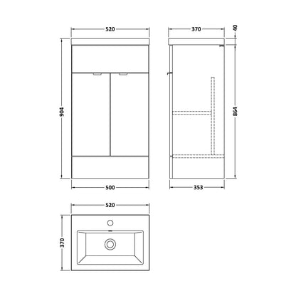 [BFDY524A] Alrewas Contemporary 2 Door Floor Standing Vanity Unit with Basin, Anthracite Woodgrain, 500mm - Technical Drawing