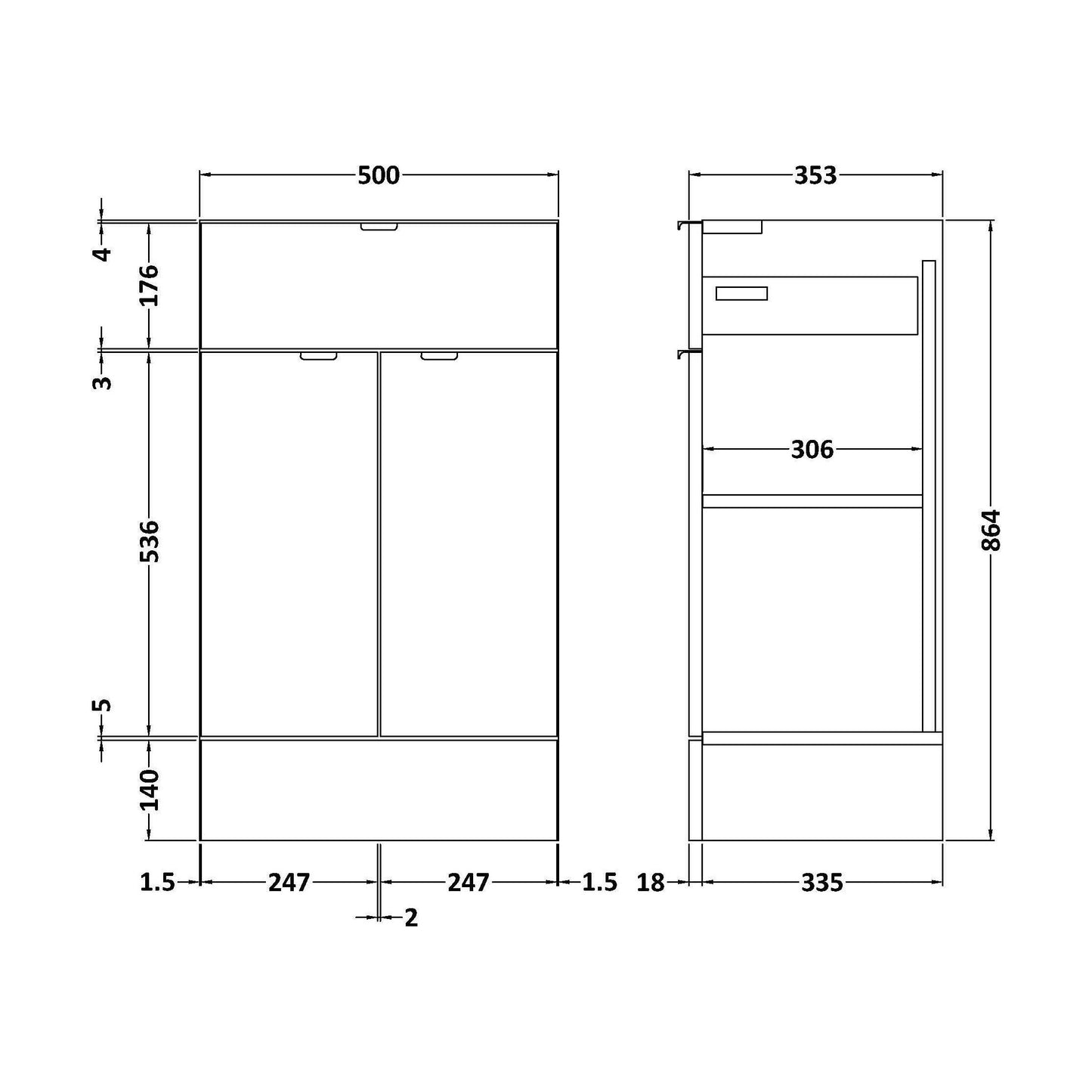 [BFDY526D] 500 Drawer Lined Unit GREYAV - Technical Drawing