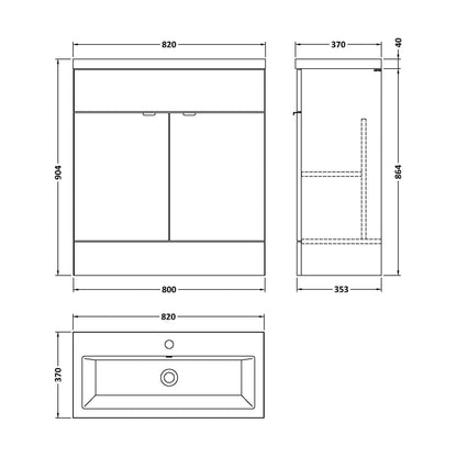 [BFDY528A] Alrewas Contemporary 2 Door Floor Standing Vanity Unit with Basin, Anthracite Woodgrain, 800mm - Technical Drawing