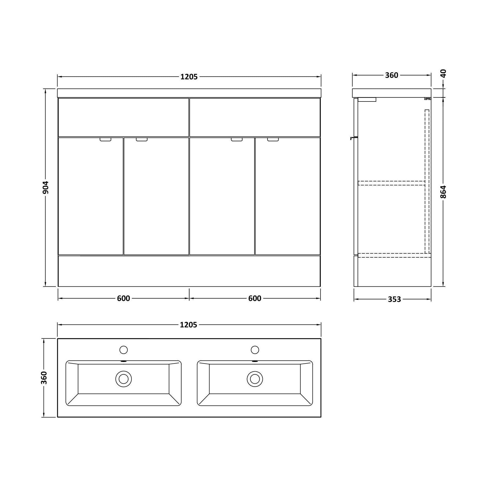 [BFDY534A] Alrewas Contemporary 2 Door Floor Standing Vanity Unit with Basin, Anthracite Woodgrain, 1200mm - Technical Drawing