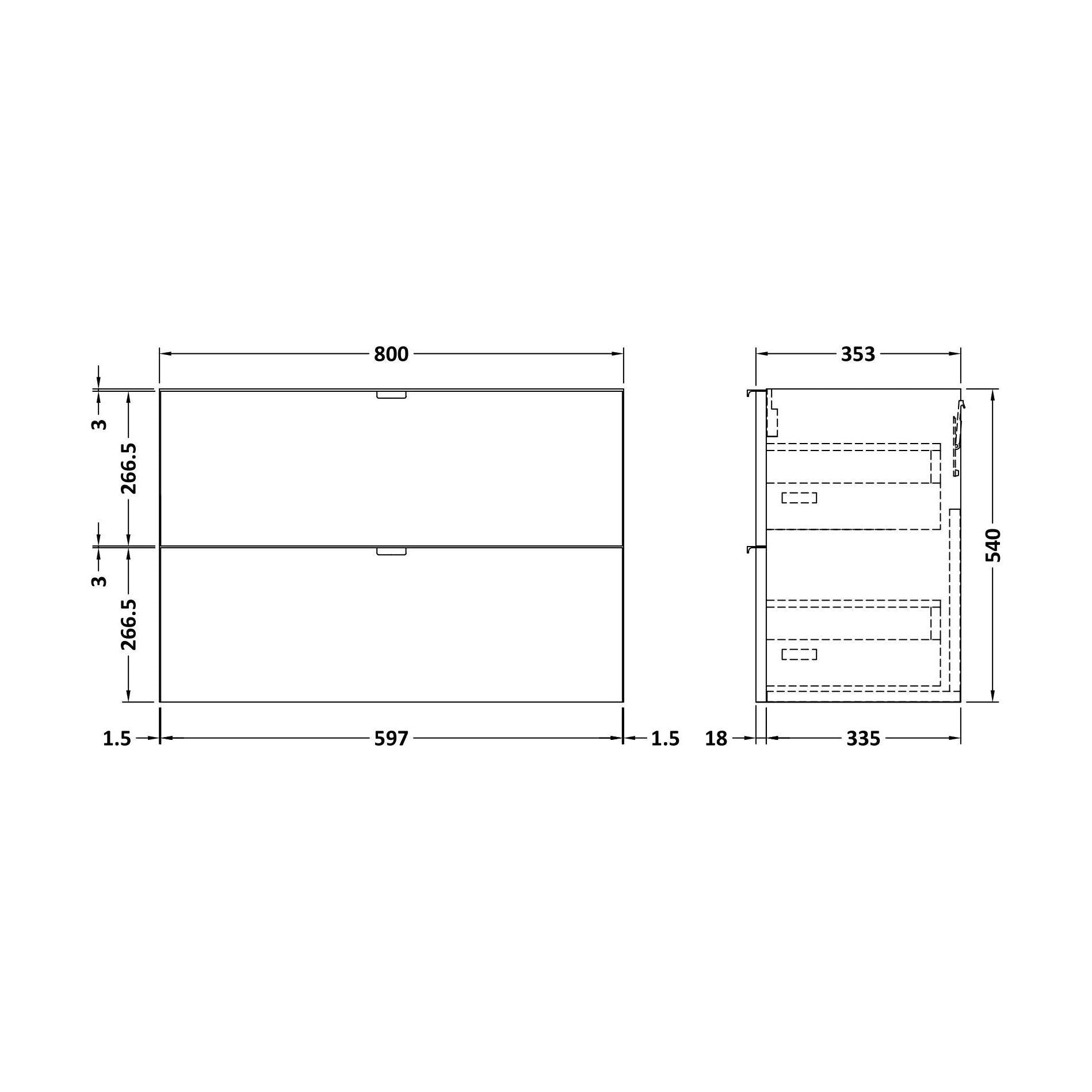 [BFDY539] 800 2-DRAWER WALL HUNG UNIT - Technical Drawing