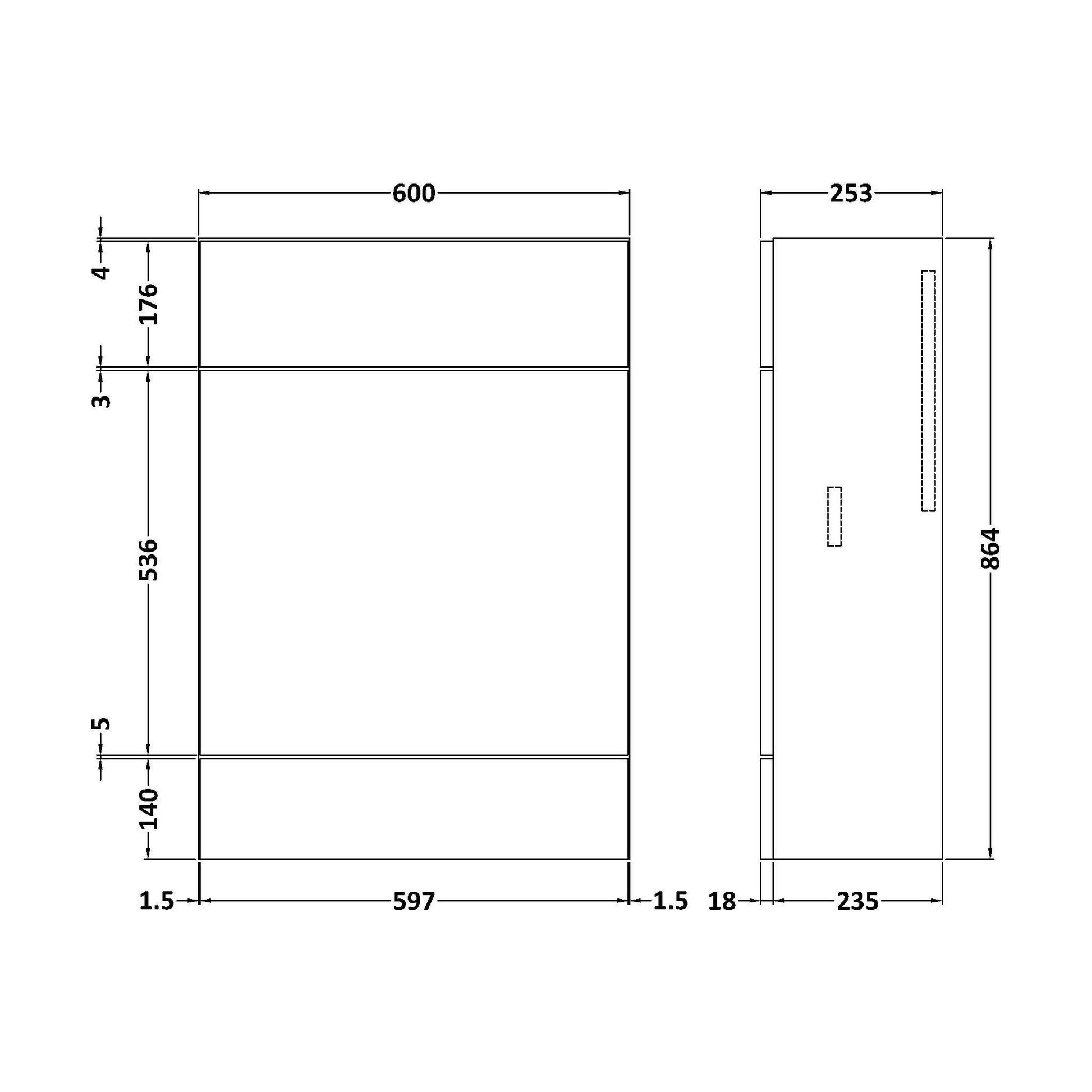 [BFDY547] 600 WC Unit (255mm Deep) - Technical Drawing