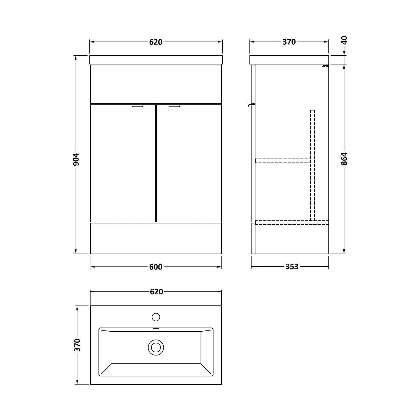 [BFDY607A] Alrewas Contemporary 2 Door Floor Standing Vanity Unit with Basin, Charcoal Black, 600mm - Technical Drawing