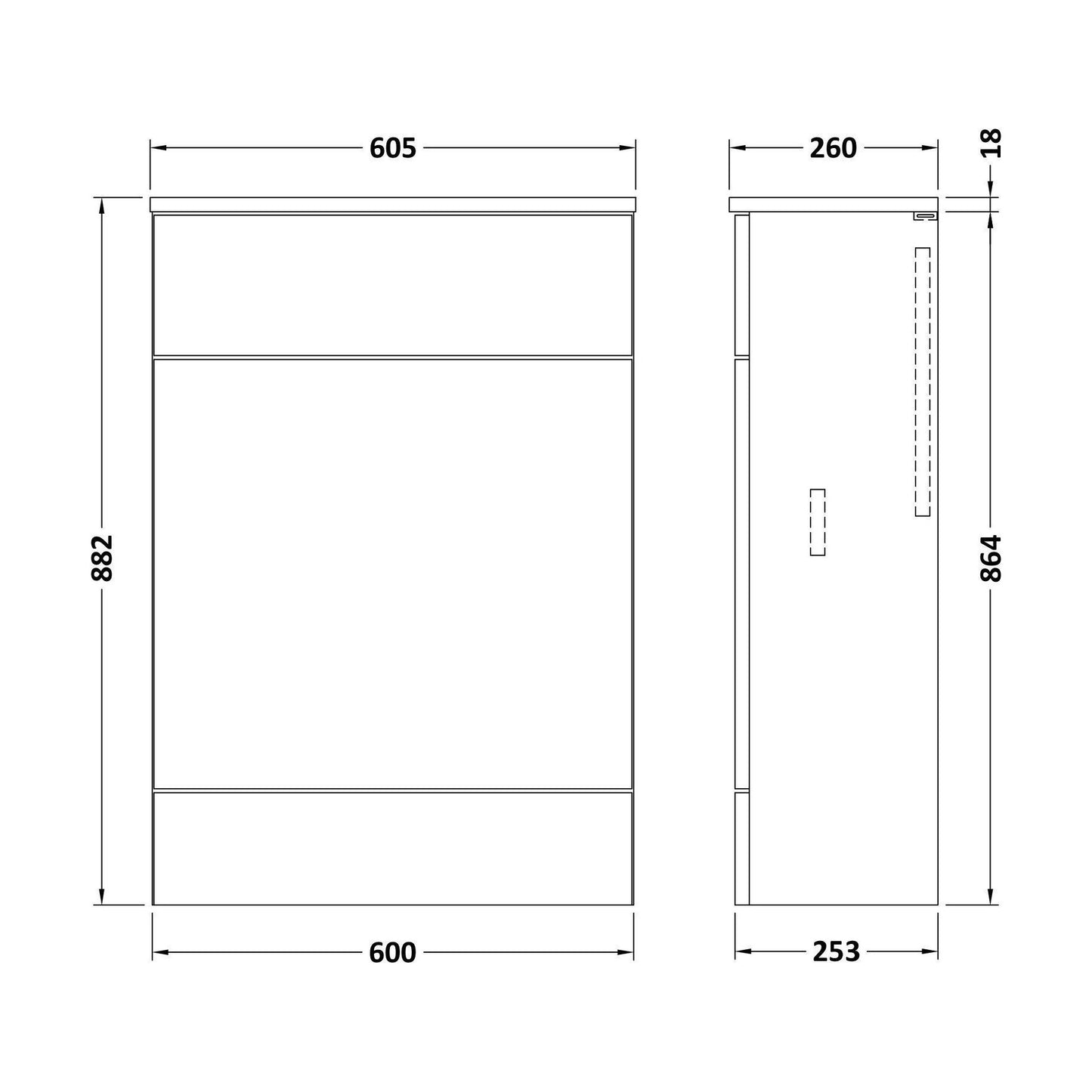 [BFDY619A] Alrewas Contemporary Floor Standing WC Unit with Coordinating Worktop, Charcoal Black, 600mm - Technical Drawing