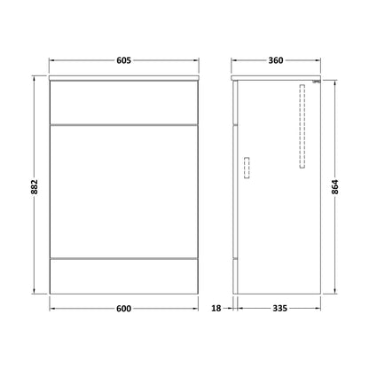 [BFDY620A] Alrewas Contemporary Floor Standing WC Unit with Coordinating Worktop, Charcoal Black, 600mm - Technical Drawing