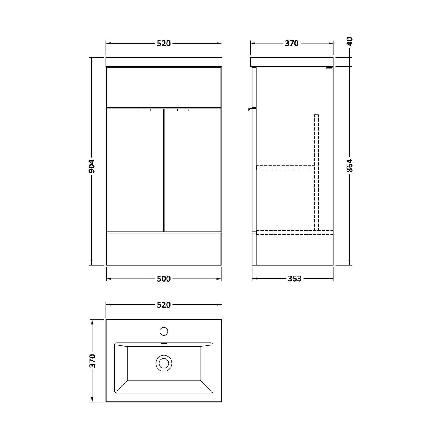 [BFDY624A] Alrewas Contemporary 2 Door Floor Standing Vanity Unit with Basin, Charcoal Black, 500mm - Technical Drawing