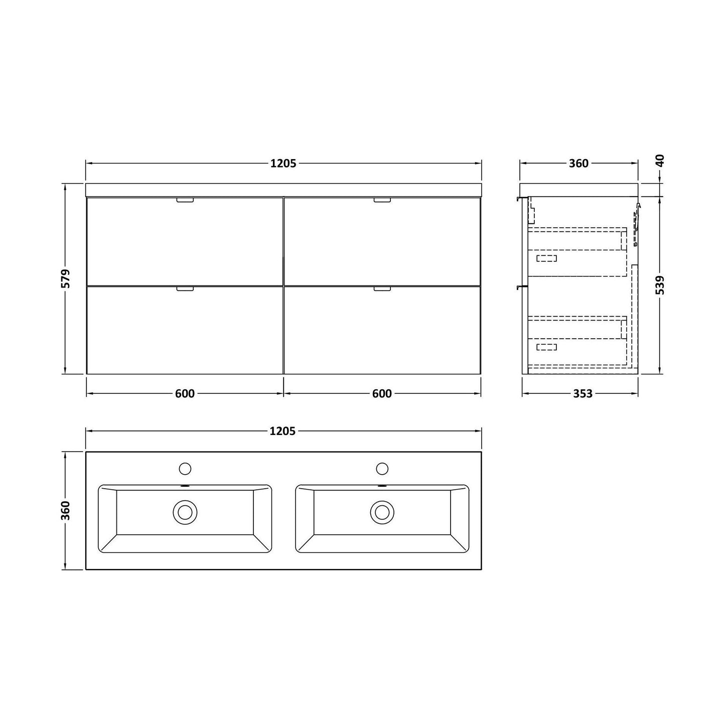 [BFDY632A] Alrewas Contemporary 4 Drawer Wall Hung Vanity Unit with Basin, Charcoal Black, 1200mm - Technical Drawing