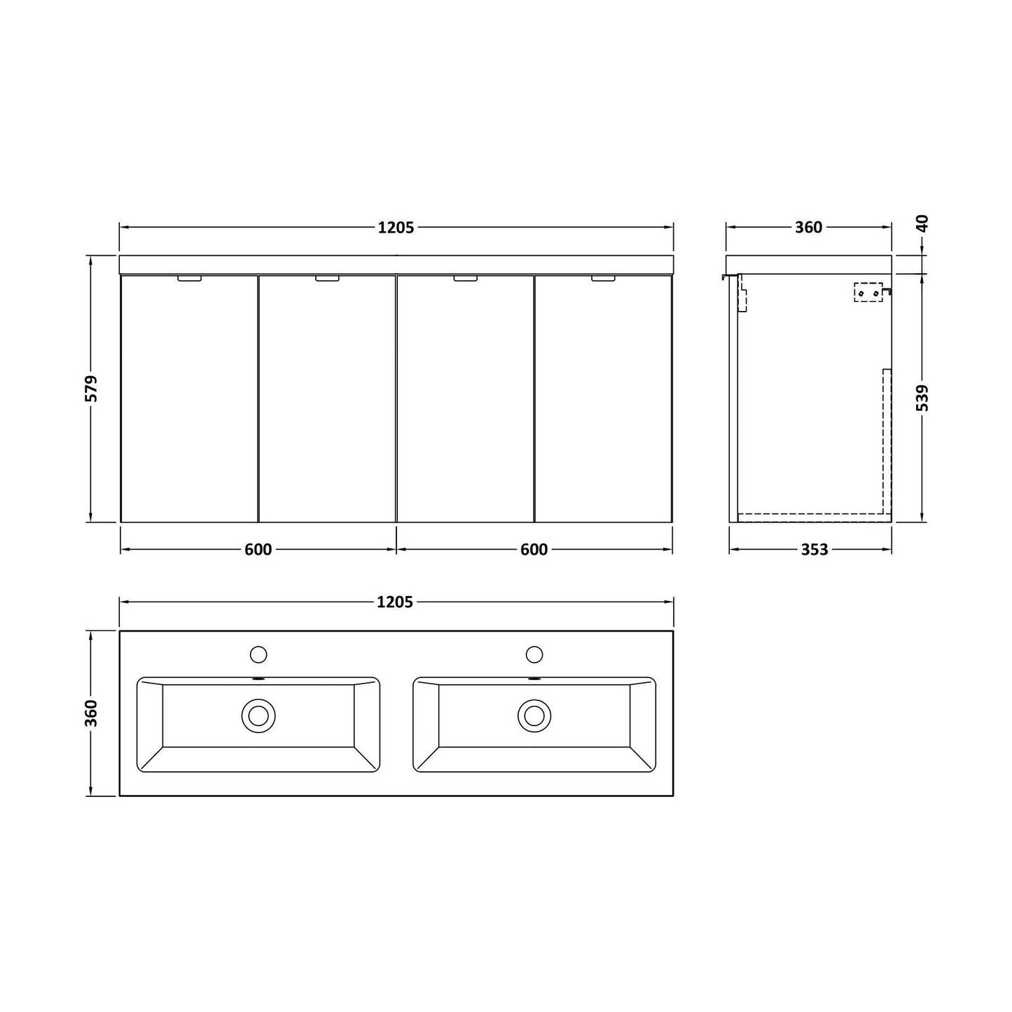 [BFDY633A] Alrewas Contemporary 2 Door Wall Hung Vanity Unit with Basin, Charcoal Black, 1200mm - Technical Drawing