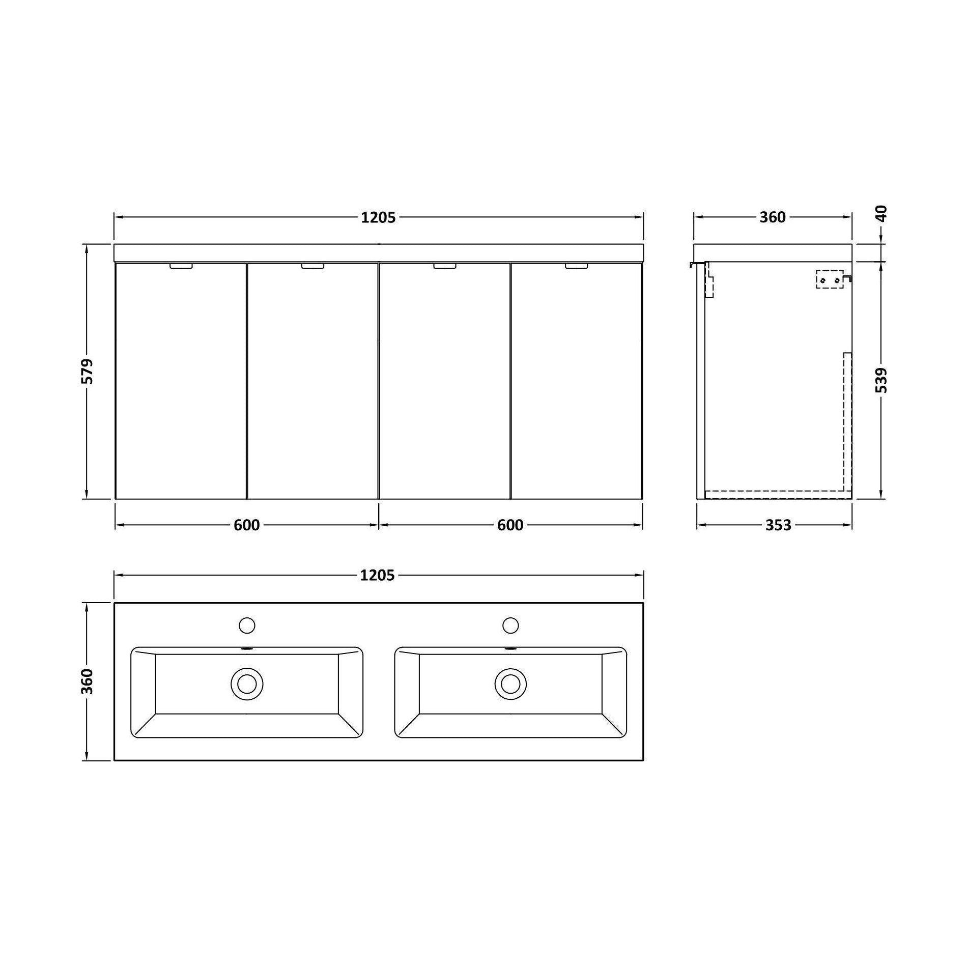 [BFDY633A] Alrewas Contemporary 2 Door Wall Hung Vanity Unit with Basin, Charcoal Black, 1200mm - Technical Drawing