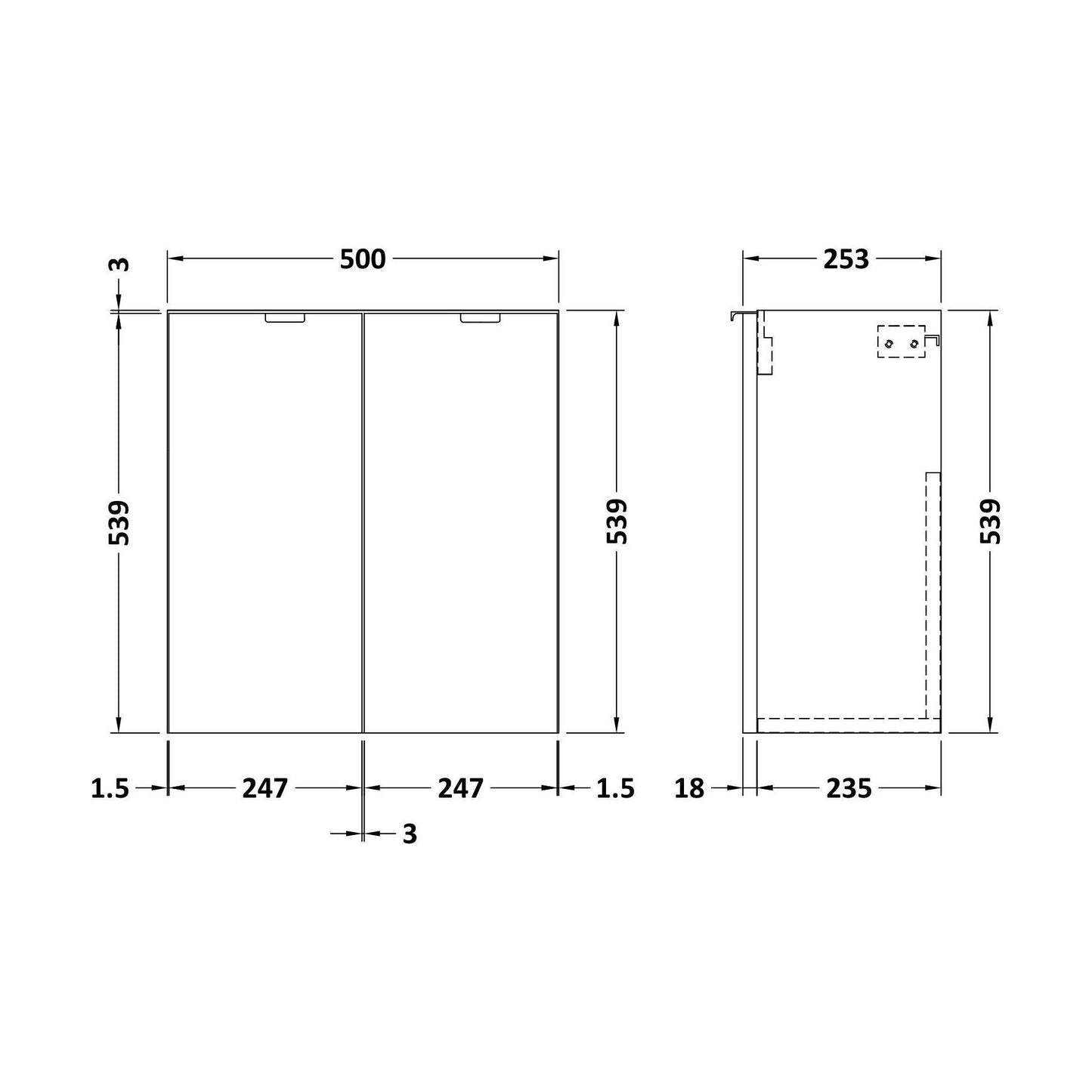 [BFDY634W] 500 2-DOOR WALL HUNG UNIT (255MM) - Technical Drawing