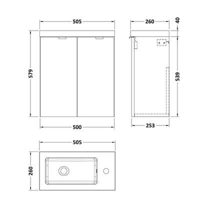 [BFDY638] Alrewas Contemporary 2 Door Wall Hung Vanity Unit with Basin, Charcoal Black, 500mm - Technical Drawing