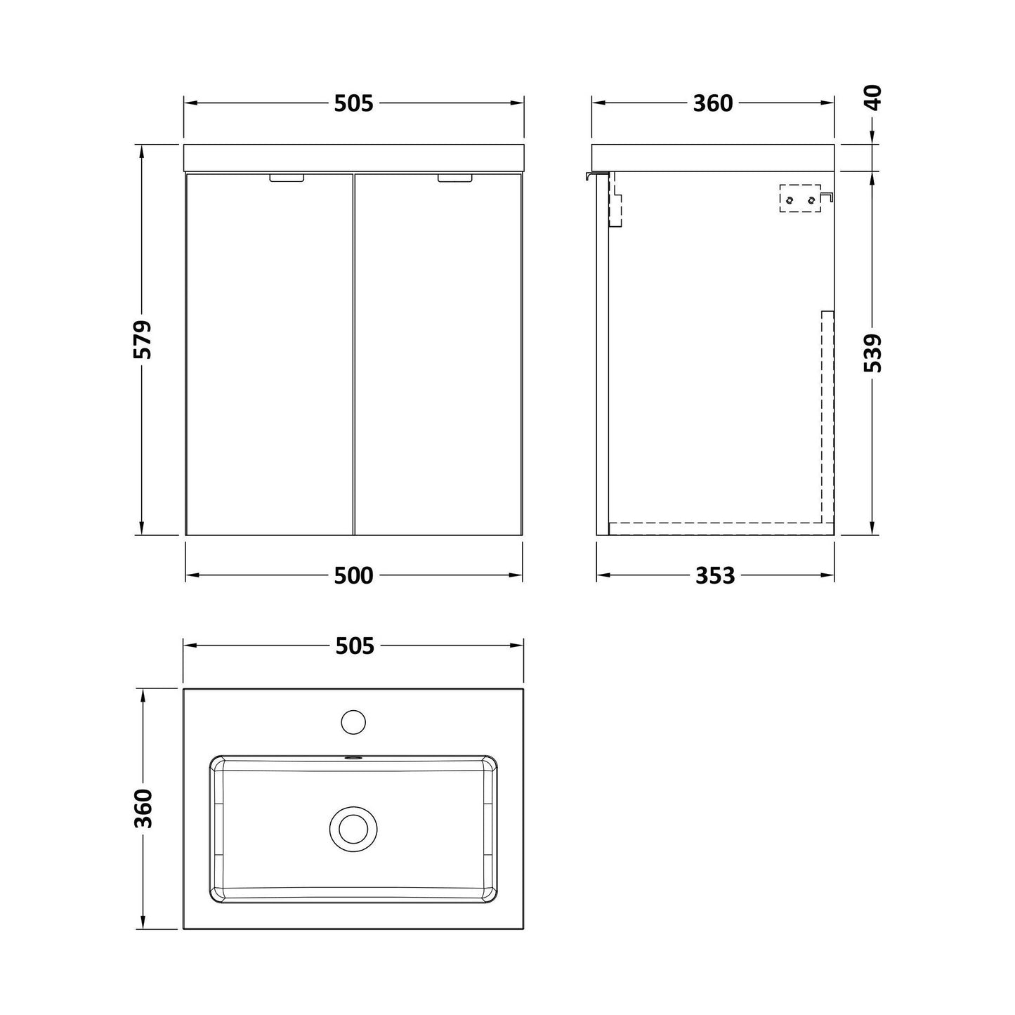 [BFDY640] Alrewas Contemporary 2 Door Wall Hung Vanity Unit with Basin, Charcoal Black, 500mm - Technical Drawing