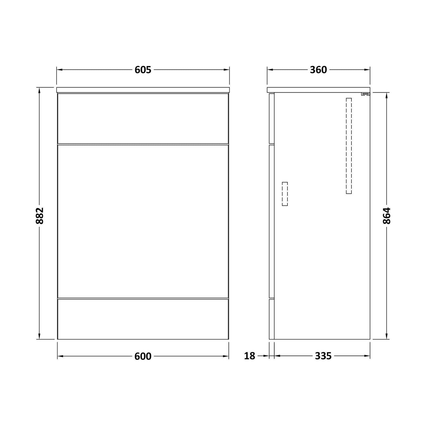 [BFDY920A] Alrewas Contemporary Floor Standing WC Unit with Worktop, Gloss Grey, 600mm - Technical Drawing