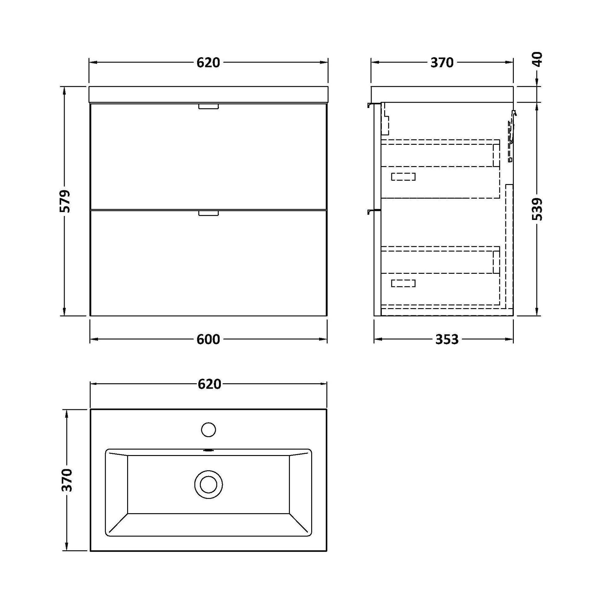 [BFDY930A] Alrewas Contemporary 2 Drawer Wall Hung Vanity Unit with Basin, Gloss Grey, 600mm - Technical Drawing