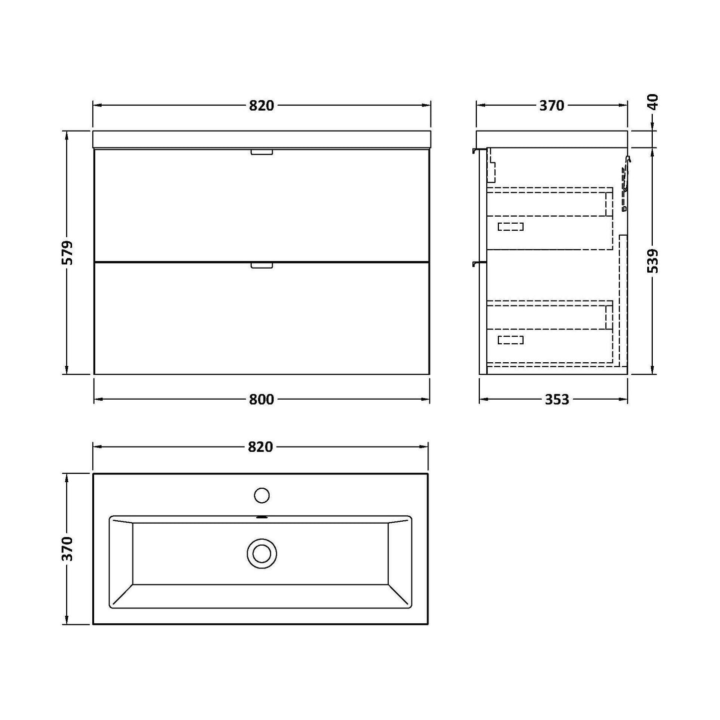 [BFDY931A] Alrewas Contemporary 2 Drawer Wall Hung Vanity Unit with Basin, Gloss Grey, 800mm - Technical Drawing