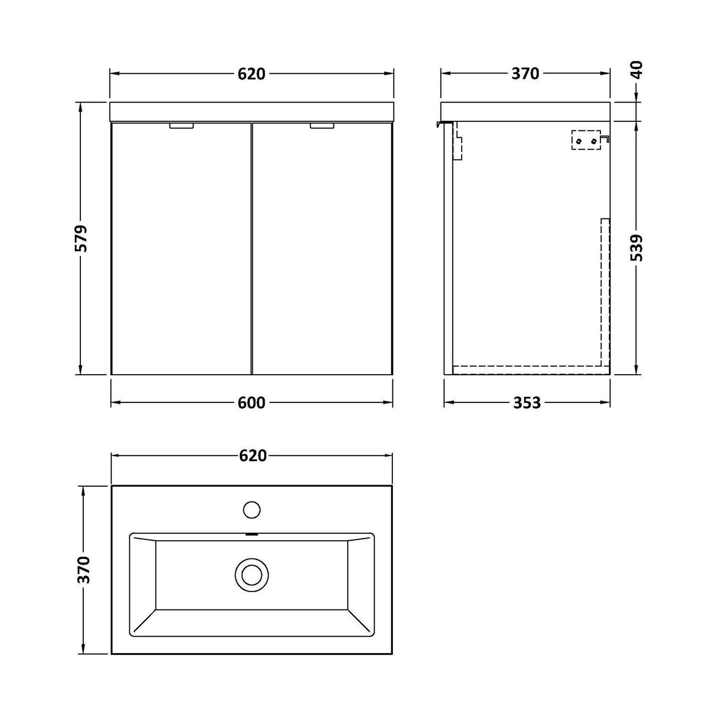 [BFDY936A] Alrewas Contemporary 2 Door Wall Hung Vanity Unit with Basin, Gloss Grey, 600mm - Technical Drawing