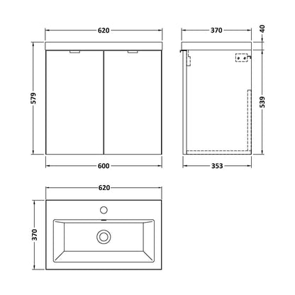 [BFDY936A] Alrewas Contemporary 2 Door Wall Hung Vanity Unit with Basin, Gloss Grey, 600mm - Technical Drawing