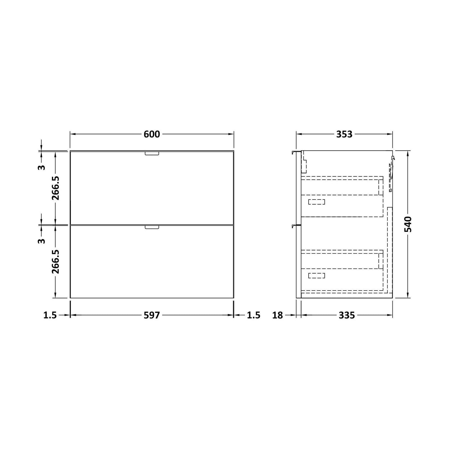 [BFDY937] 600 2-DRAWER WALL HUNG UNIT - Technical Drawing